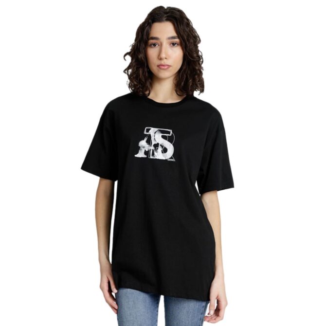 ΒΑΜΒΑΚΕΡΟ ΓΥΝΑΙΚΕΙΟ OVERSIZE T-SHIRT ΜΕ ΣΤΡΟΓΓΥΛΗ ΛΑΙΜΟΚΟΨΗ PACO ART ΜΑΥΡΟ 2532012