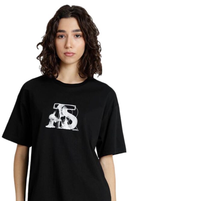 ΒΑΜΒΑΚΕΡΟ ΓΥΝΑΙΚΕΙΟ OVERSIZE T-SHIRT ΜΕ ΣΤΡΟΓΓΥΛΗ ΛΑΙΜΟΚΟΨΗ PACO ART ΜΑΥΡΟ 2532012