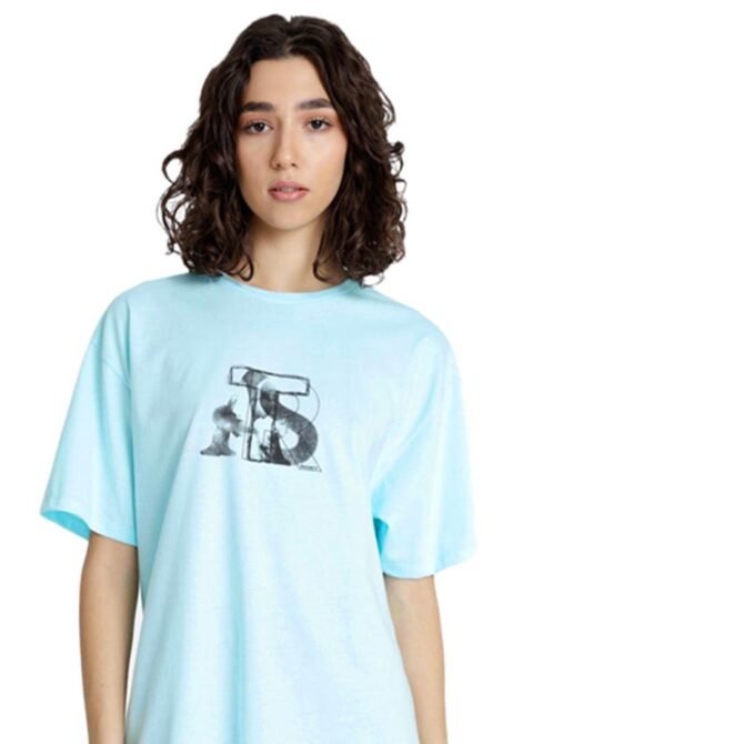 ΒΑΜΒΑΚΕΡΟ ΓΥΝΑΙΚΕΙΟ OVERSIZE T-SHIRT ΜΕ ΣΤΡΟΓΓΥΛΗ ΛΑΙΜΟΚΟΨΗ PACO ART ΓΑΛΑΖΙΟ 2532012